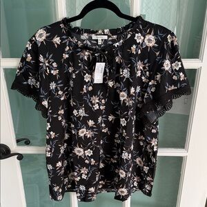 Maurices Black Floral Blouse with Lace Trim